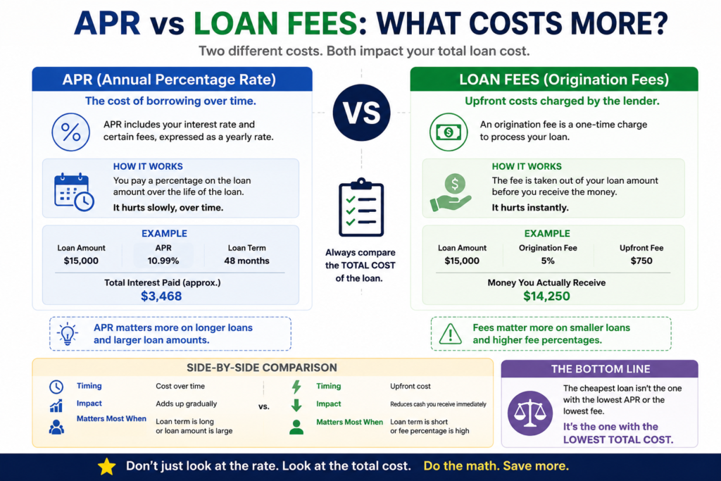 Infographic comparing APR and loan fees side by side, showing how interest costs build over time versus upfront origination fees.