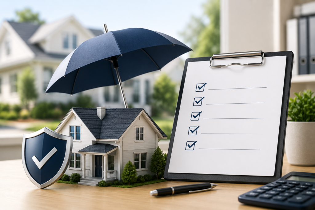 Home insurance renewal checklist beside a model house, calculator, and policy review tools on a clean desk