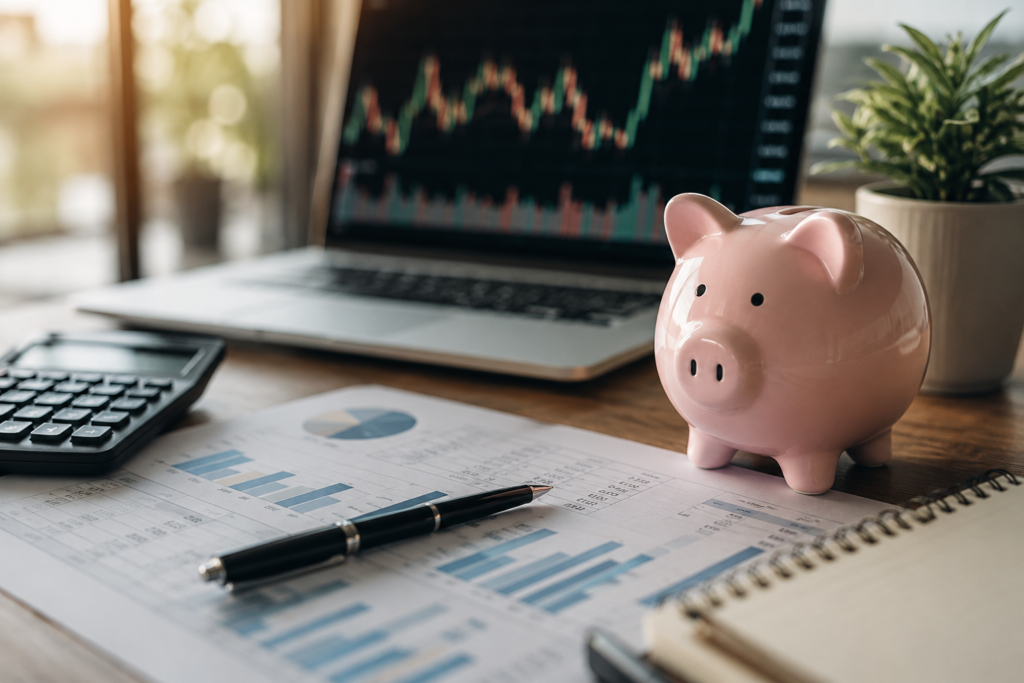A piggy bank on a desk with financial charts, calculator, and stock market data on a laptop screen.