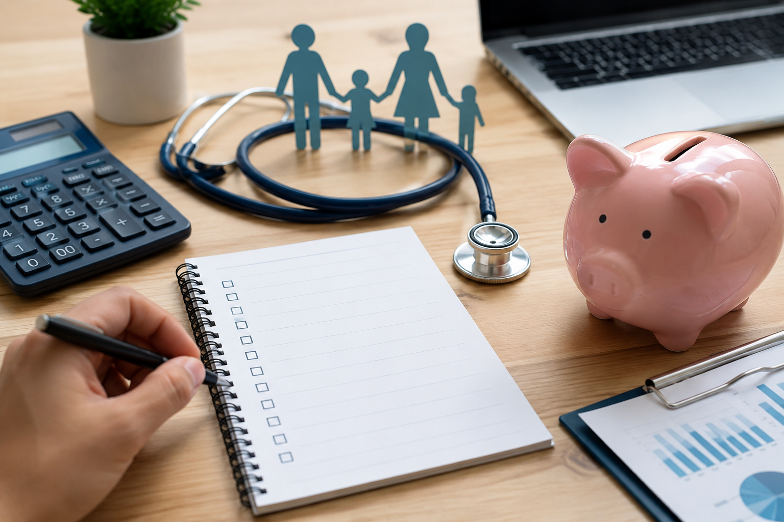 Healthcare budget planning checklist with calculator, stethoscope, and piggy bank on office desk