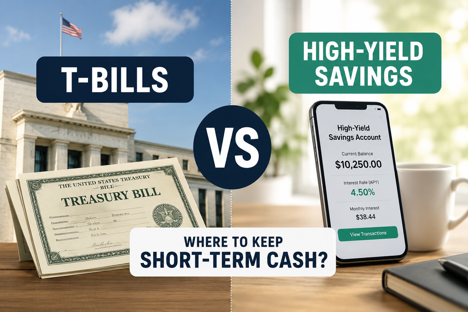 Comparison between Treasury Bills and High-Yield Savings Accounts for managing short-term cash in the United States.