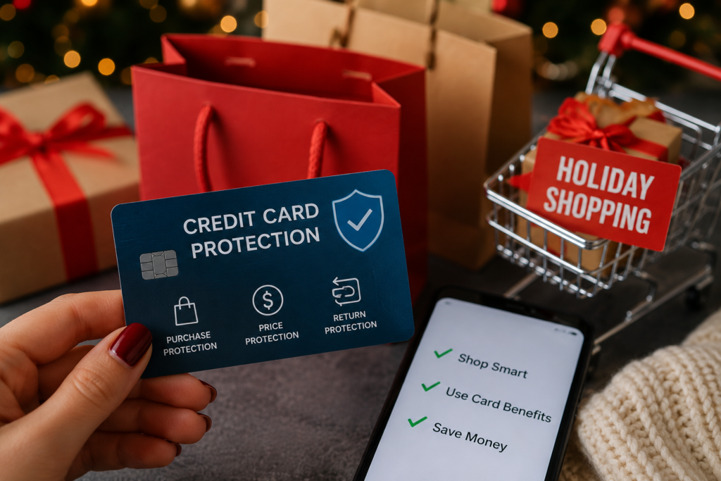 Holiday shopping scene with gifts, shopping bags, and a credit card highlighting purchase and price protection benefits.