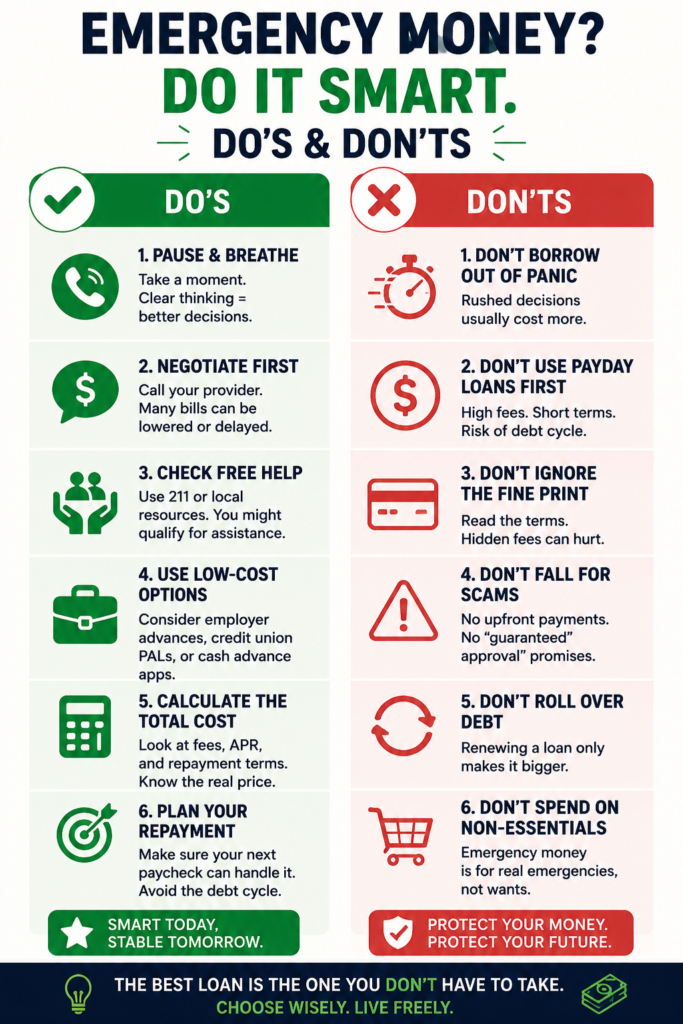 Mobile-friendly infographic with emergency loan do’s and don’ts, including safer borrowing tips and payday loan warnings.